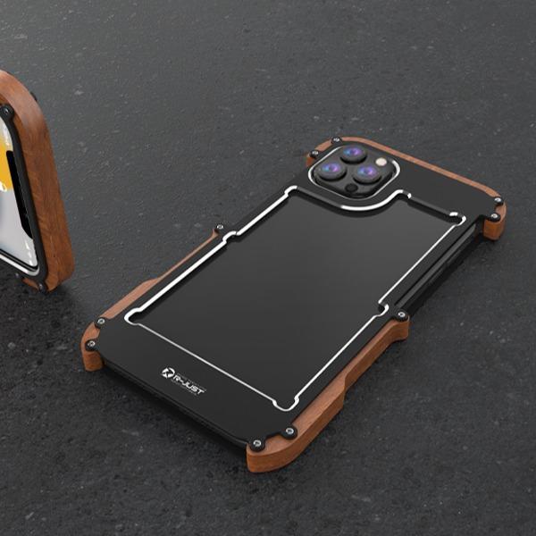 iPhone 13 Pro R-Just Aluminium & Natural Wood Anti-shock Bumper Case casemarts