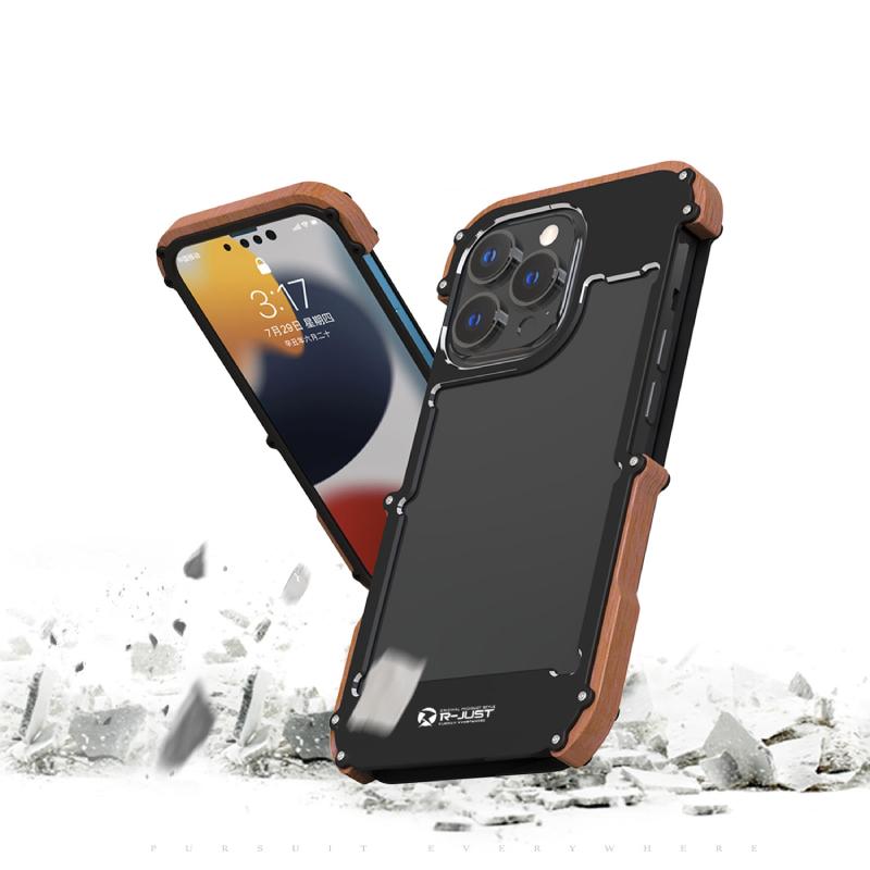 iPhone 13 Pro R-Just Aluminium & Natural Wood Anti-shock Bumper Case casemarts